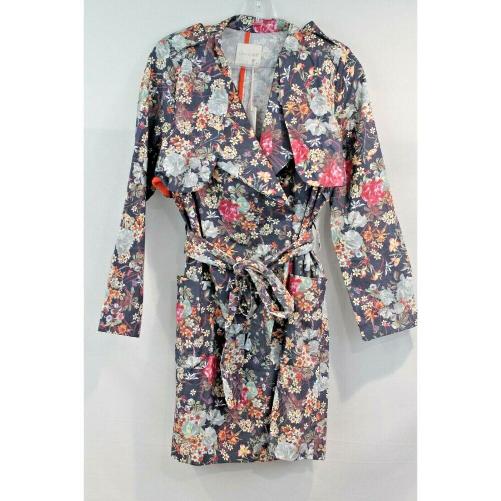 Line & Dot Womens Trench Coat Cafe De Flora size XS Blue Floral Belted